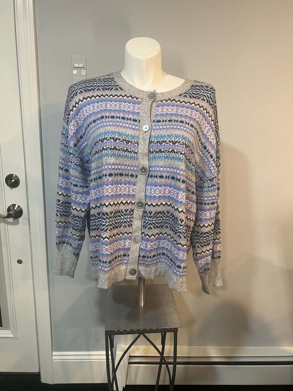 Talbots Fair Isle Merino Wool Blend Cardigan Sweater Women 3X Grey Lavender EUC